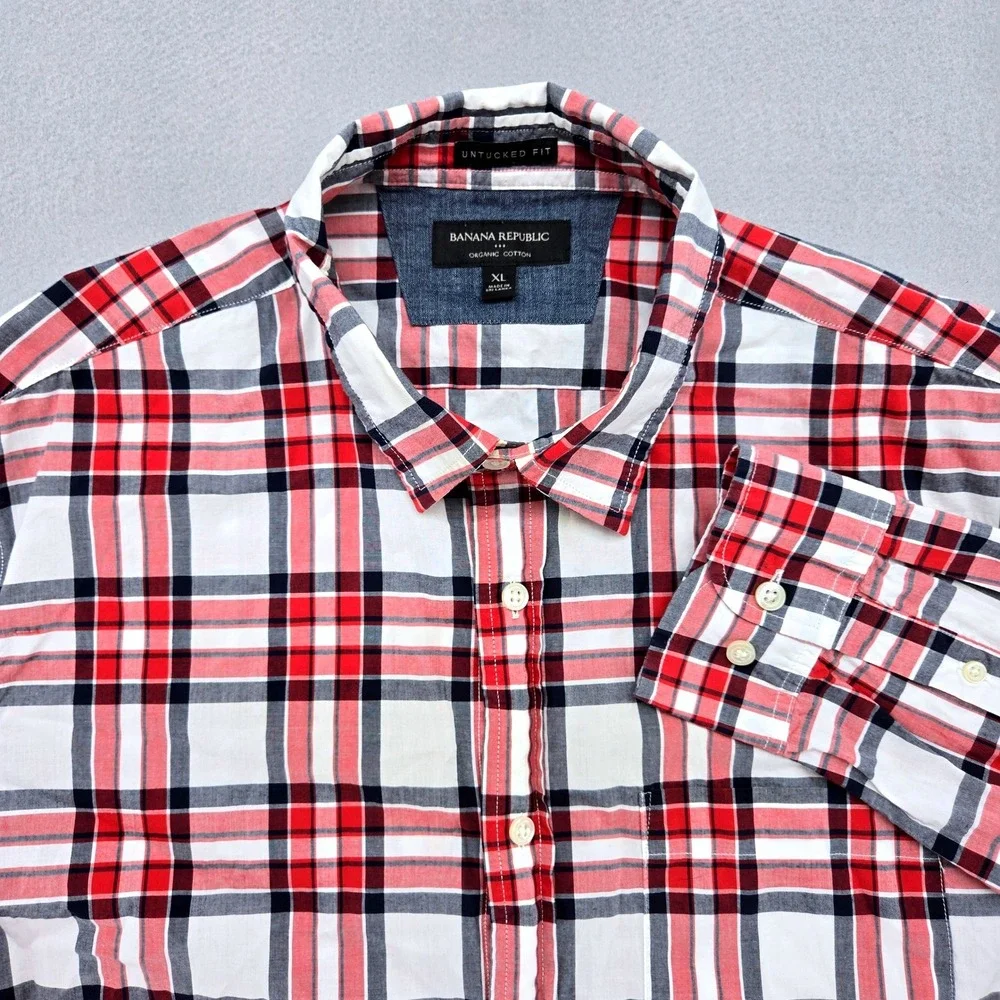 Banana Republic Plaid Untucked Fit Button Down Shirt Red White Blue Cotton XL